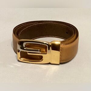 Gucci Parfums Italy Mod. Brev. Vintage Tan Leather Belt GG Two Tone Hardware